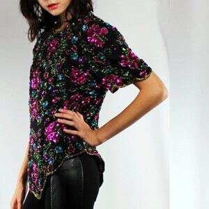 Vintage 80s 100% Silk Sequin Embellished Black Pink Green Floral Blouse Medium